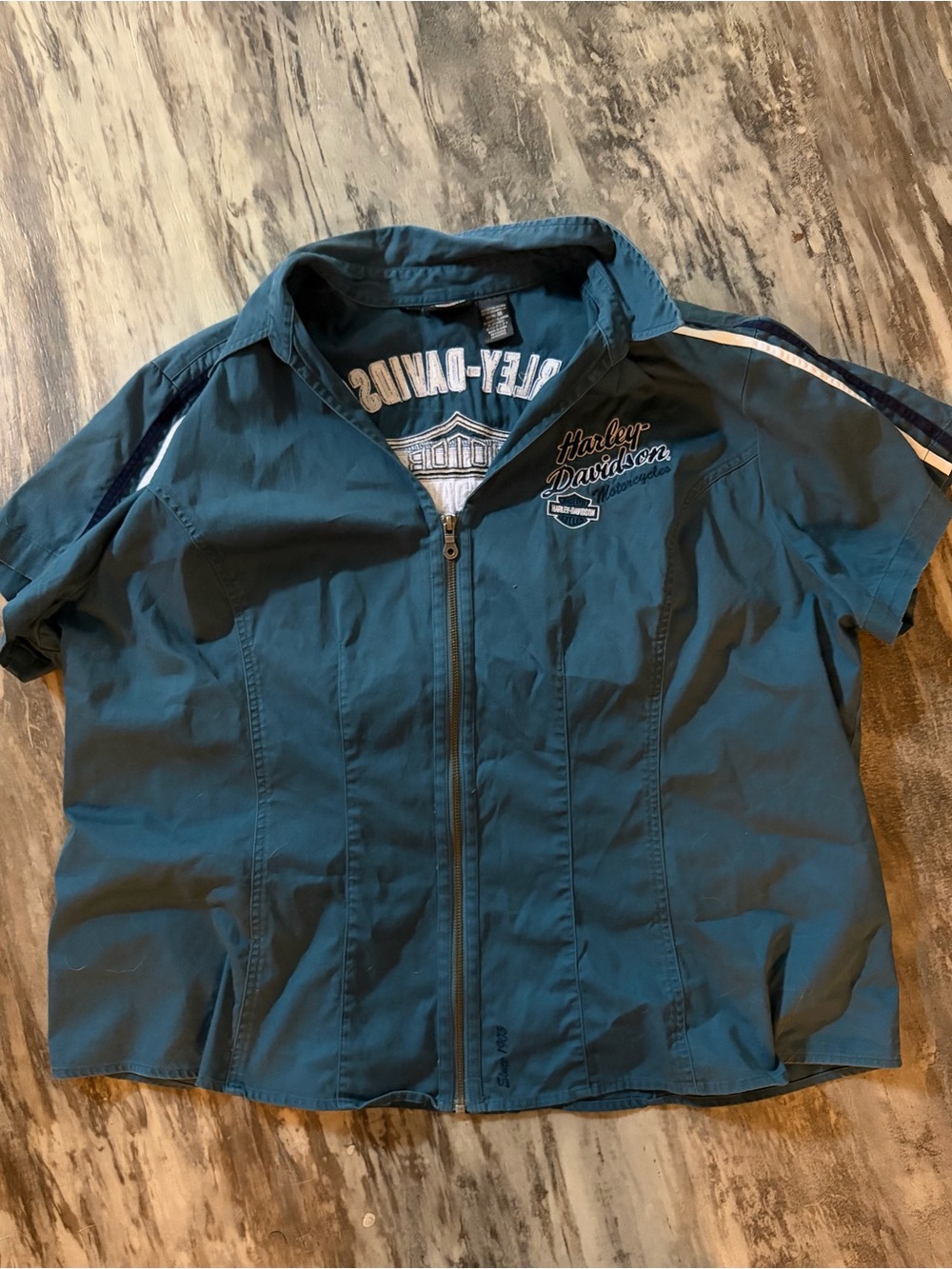 Harley-Davidson Teal Short-Sleeve Zip Front Top with White Stripe